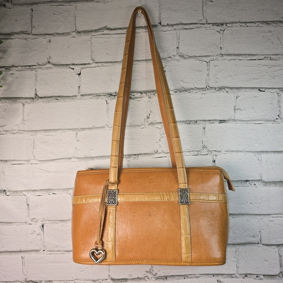 BRIGHTON VINTAGE MEDIUM CAMEL LEATHER CROC DOUBLE HANDLE SHOULDER BAG PURSE TOTE - Picture 1 of 16